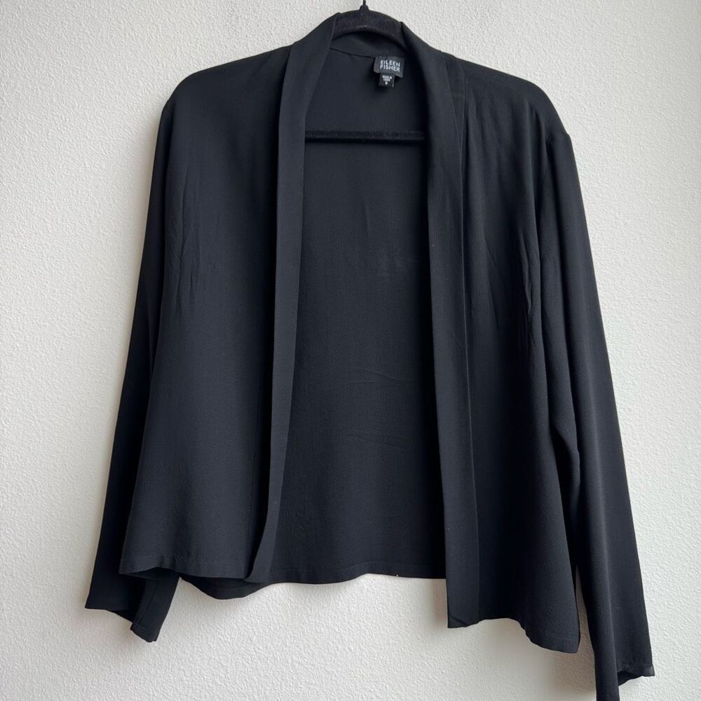 Eileen Fisher 100% Silk Black Open Front Long Sleeve Blouse Cardigan Size Small